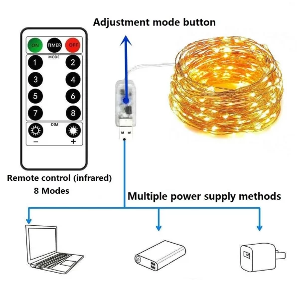 Cable de cobre con Control remoto USB, cadena de luz de bajo voltaje. - Imagen 4